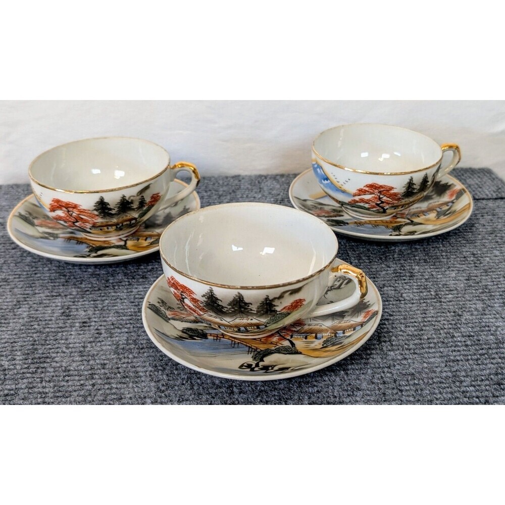 Vintage Japanese Dove China Teacups & Saucers Set of 3 — Mt. Fuji Landscape